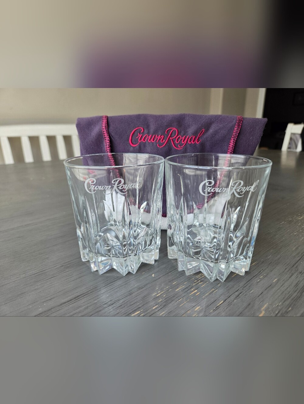 Crown Royal Whiskey Glasses Set of 2 w/ Purple Velvet Bag Barware Rocks